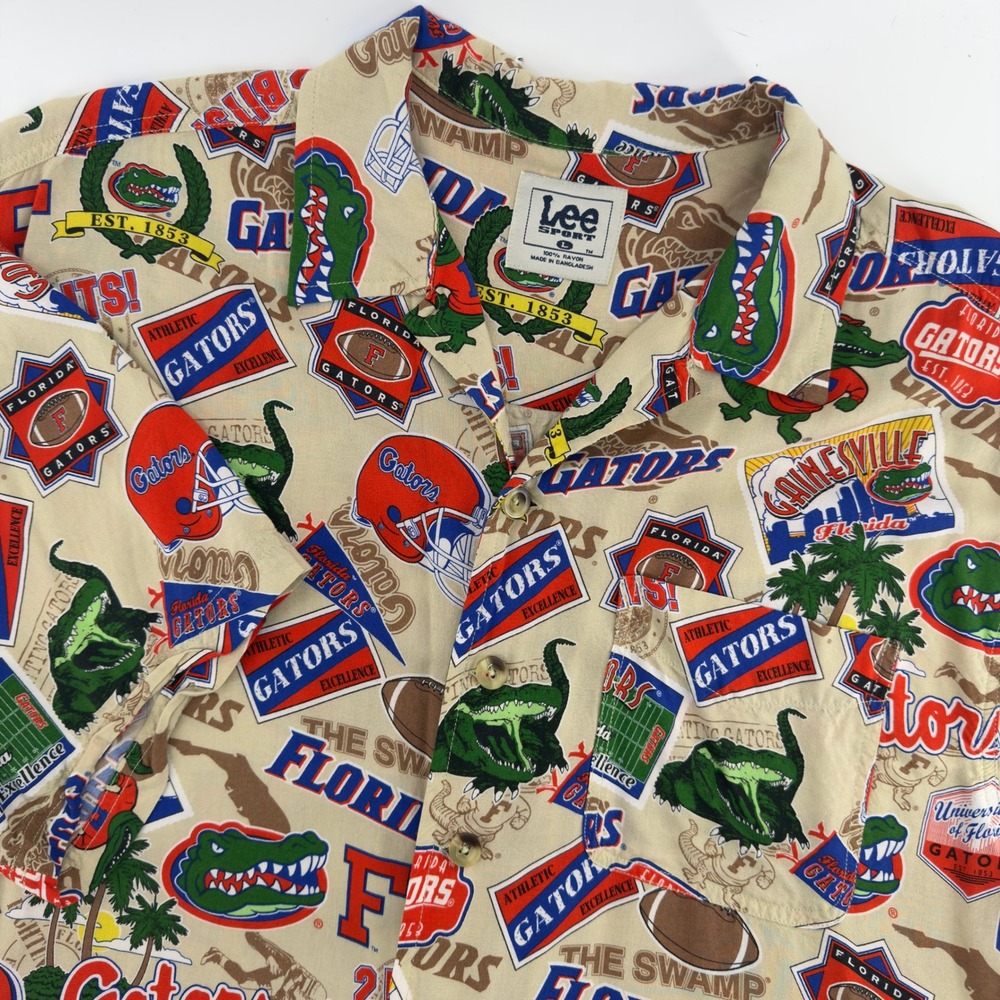 Lee‎ Sport Florida Gators Mens Large Vintage Rayon All Over Print Camp Shirt Tan